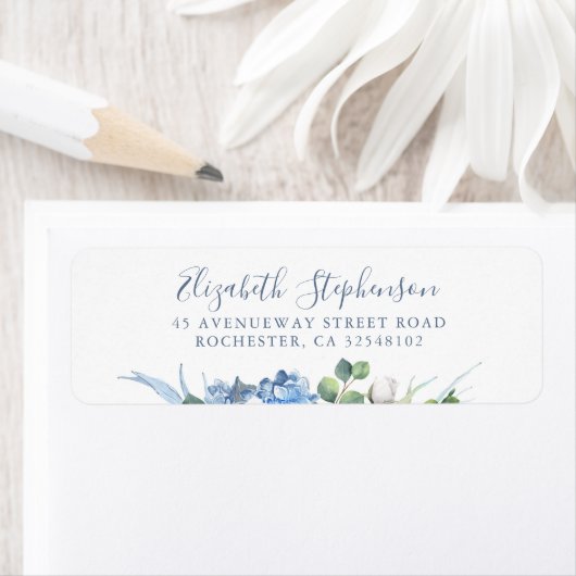 Étiquette Hydrangée et Fleurs blanches Verdure Dusty Blue (En situation)