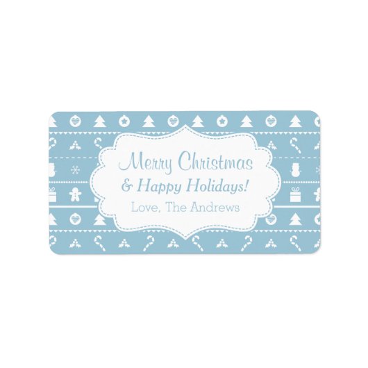 Étiquette Icônes de motifs de pull de Noël moche bleu blanc (Devant)