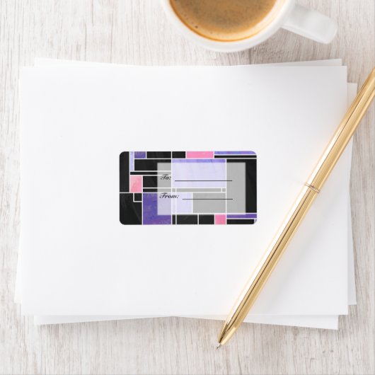 Étiquette Impression noire violet mondriaque (En situation)