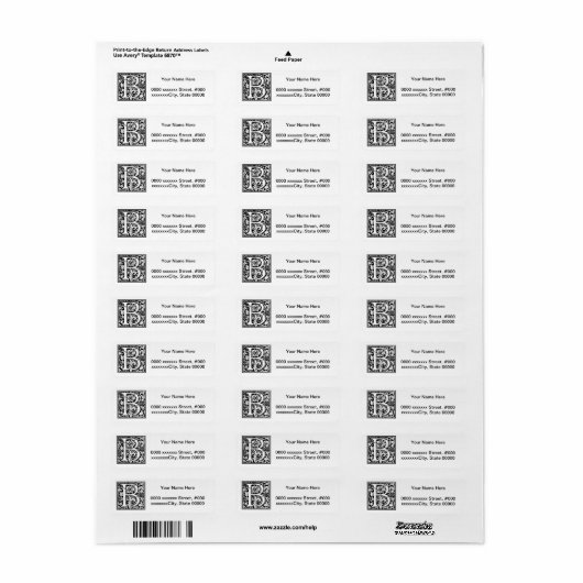 Étiquette Initiale décorative "B" de lettre (Feuille entière)