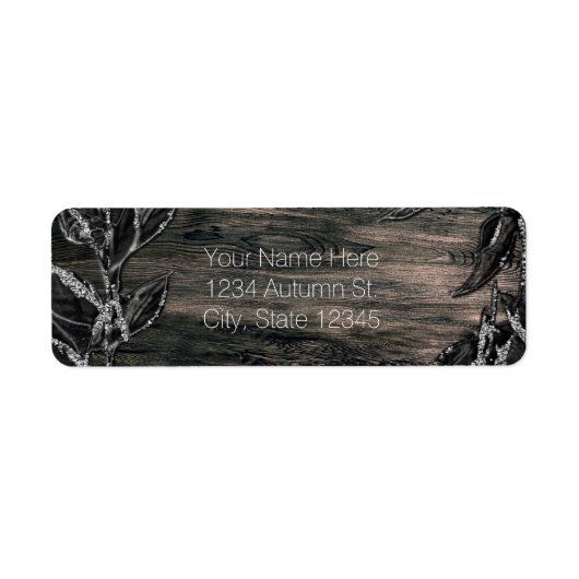 Étiquette Invitation Élégance Sombre Feuilles Noir & Argent (Devant)