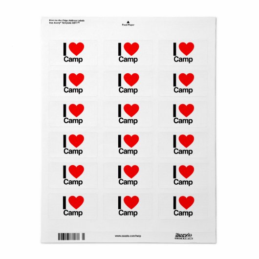 Étiquette j'aime le camp (Feuille entière)
