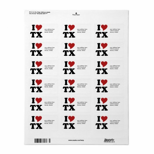 Étiquette J'aime le Texas (Feuille entière)