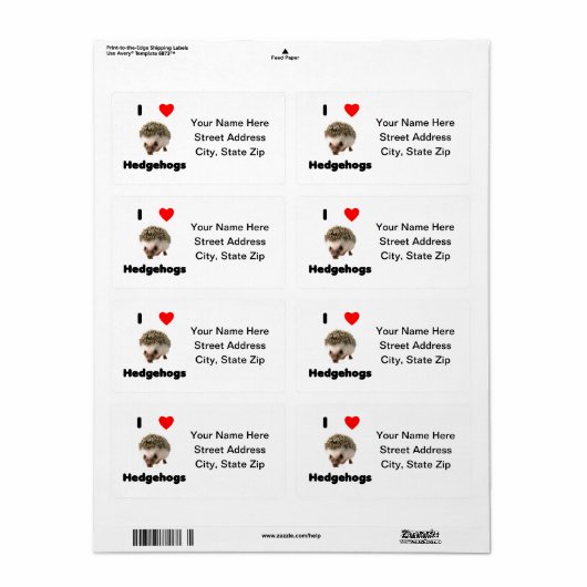 Étiquette J'aime les hérissons (Feuille entière)