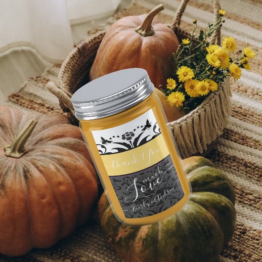 Étiquette Jaune, Noir et Gris Bumble Bee Floral Damask