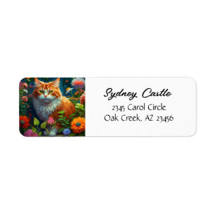Étiquette Joli Chat Orange dans les Fleurs 