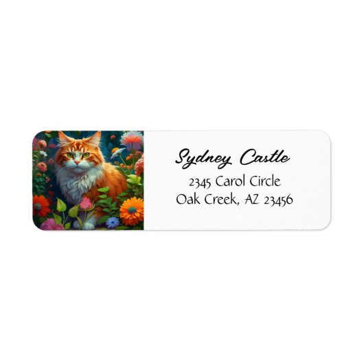 Étiquette Joli Chat Orange dans les Fleurs (Devant)