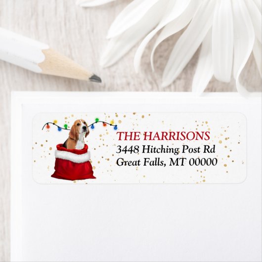 Étiquette Joli chien Beagle Noël Sac cadeau de Noël Adresse  (En situation)