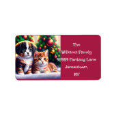 Étiquette Joli chiot et chat sous l'arbre de Noël (Devant)