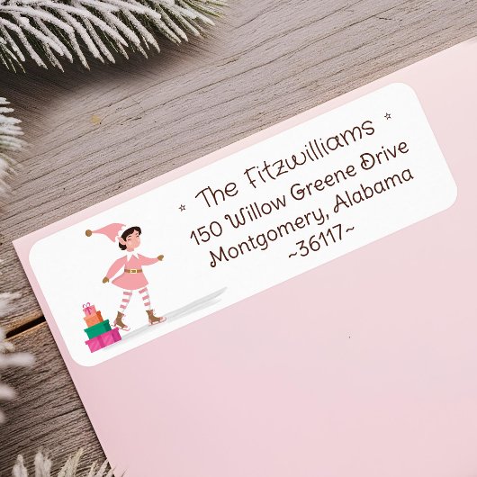 Étiquette Joli Elfe de Noël Rose Patinant