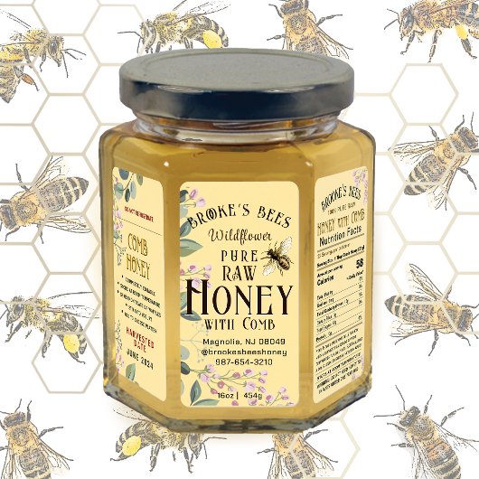 Étiquette Joli Fleurs de prairie Bee Miel Comb Hex Jar Étiqu