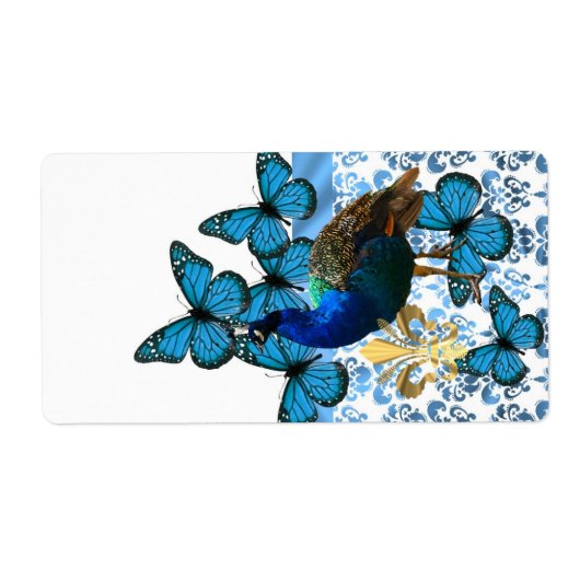 Étiquette Joli paon et papillons bleus (Devant)