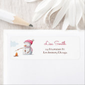 Étiquette Joli Snowman Roasting Marshmallows hiver (En situation)