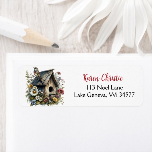 Étiquette Jolie aquarelle Rustique Birdhouse et Bird (En situation)