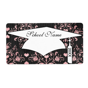 Étiquette jolie damas rose coeur sur noir lavé