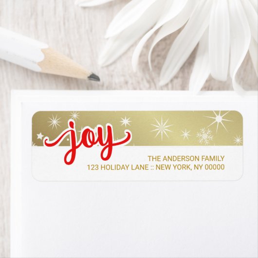 Étiquette Joy Christmas Red Gold Hand Script Retourner l'adr (En situation)