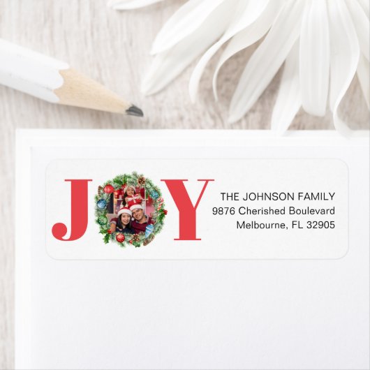 Étiquette JOY Wreath Christmas Photo Return Adresse Label (En situation)