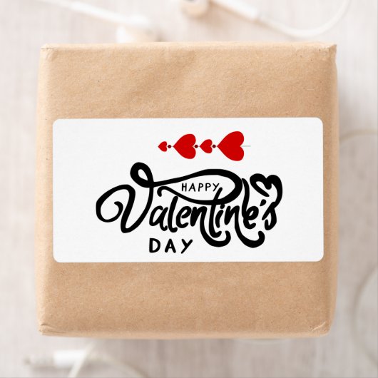 Étiquette Joyeuse Saint-Valentin calligraphie Cœurs Rouges F (En situation)
