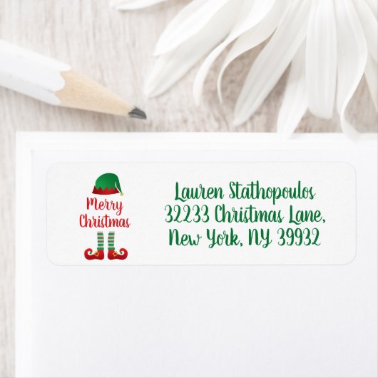 Étiquette Joyeuse tenue Elf Noël Typographie rouge (En situation)