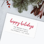 Étiquette Joyeuses fêtes | Adresse de retour rouge minimale<br><div class="desc">Étiquette d'adresse de retour "Happy Holidays" simple et élégant dans une typographie minimaliste moderne et rouge profond. Vos noms et adresses peuvent être facilement personnalisés pour un étiquette unique avec une touche personnelle à associer à notre gamme de cartes de vacances dans le même design!</div>