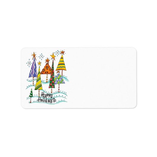 Étiquette Joyeuses Fêtes ! Jolis Arbres de Noël avec Étoiles (Devant)