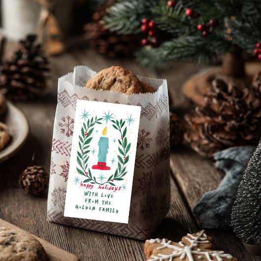 Étiquette Joyeuses vacances bougie main dessinée cadeau PERS