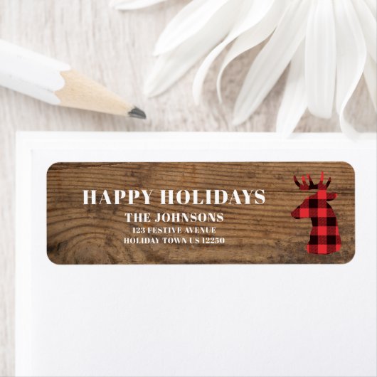 Étiquette Joyeuses Vacances Buffalo Plaid Deer Adresse de re (En situation)