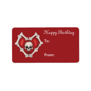 Étiquette Joyeux Anniversaire Coeur rouge des os avec crâne 
