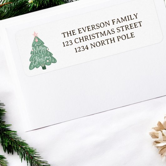 Étiquette Joyeux arbre de Noël rose pastel blanc