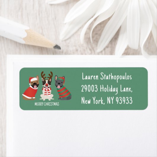 Étiquette Joyeux Buldogs français de Noël (En situation)