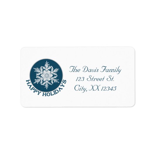Étiquette Joyeux Fêtes Papier Bleu Flocon de neige (Devant)
