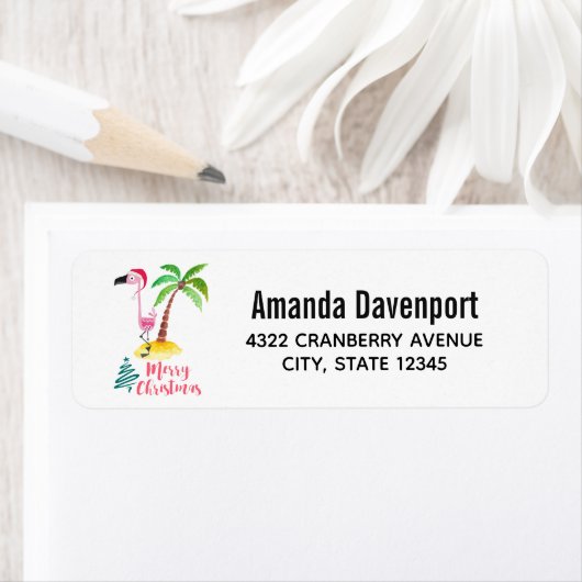 Étiquette Joyeux Flamant rose Rose De Noël Avec Palmier (En situation)
