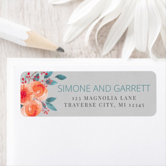 Étiquette Joyeux Floral Orange et Turquoise Adresse de retou (En situation)