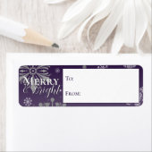 Étiquette Joyeux mauve et flocons de neige brillants de et v (En situation)