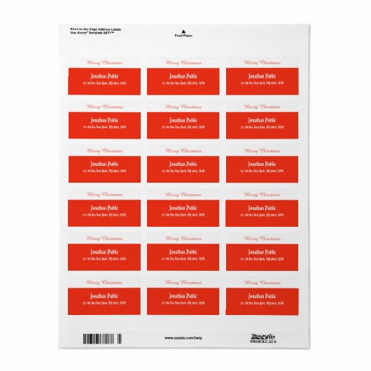 Étiquette Joyeux Modèle de script de Noël Rouge Blanc Adress (Feuille entière)
