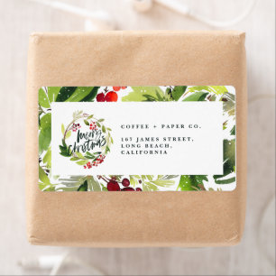 Étiquette Joyeux Noël aquarelle feuillage Noël
