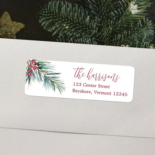 Étiquette Joyeux Noël Aquarelle Pine et Berries