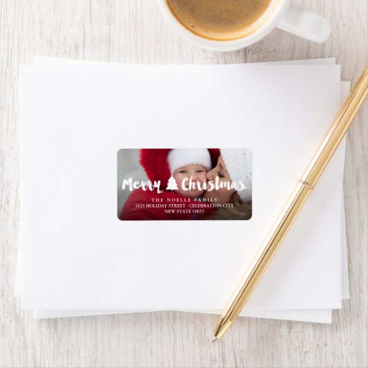Étiquette Joyeux Noël Brush Script Arborescence Adresse phot (En situation)
