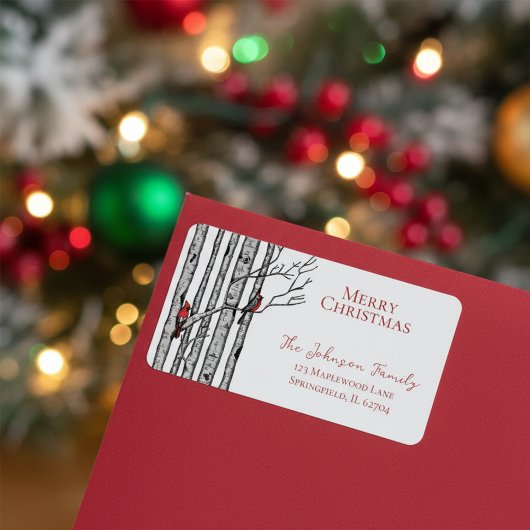 Étiquette Joyeux Noël Cardinals Branches de bouleau