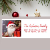 Étiquette Joyeux Noël du chat dans un chapeau de Père Noël