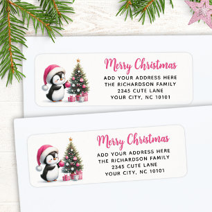 Étiquette Joyeux Noël Élégant Pingouin Rose