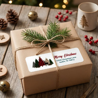 Étiquette Joyeux Noël Famille Carreaux Arbres Renne Personna