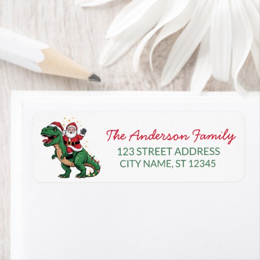 Étiquette Joyeux Noël Funny Père Noël chevauchant un dinosau (En situation)