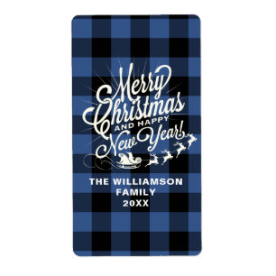 Étiquette Joyeux Noël Joyeux Nouvel An Classique Bleu Chèque