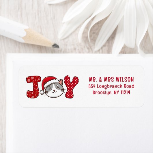 Étiquette Joyeux Noël Kitty Chat " JOY " adresse de retour (En situation)