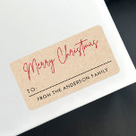 Étiquette Joyeux Noël Kraft papier regarder à partir de l'ét<br><div class="desc">Simple,  moderne à partir de étiquettes avec le texte "Joyeux Noël" dans une police rouge,  moderne,  style manuscrit et l'espace pour vous d'écrire un nom. Brown,  Kraft look papier (image imprimée) arrière - plan.</div>