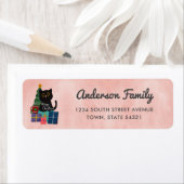 Étiquette Joyeux Noël mignon Chat noir rose Adresse de retou (En situation)