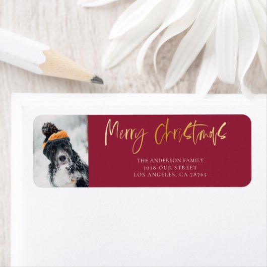 Étiquette Joyeux Noël Mignon Or & Rouge (En situation)