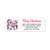 Étiquette Joyeux Noël mignon Patinage sur glace Pingouins ro (Devant)