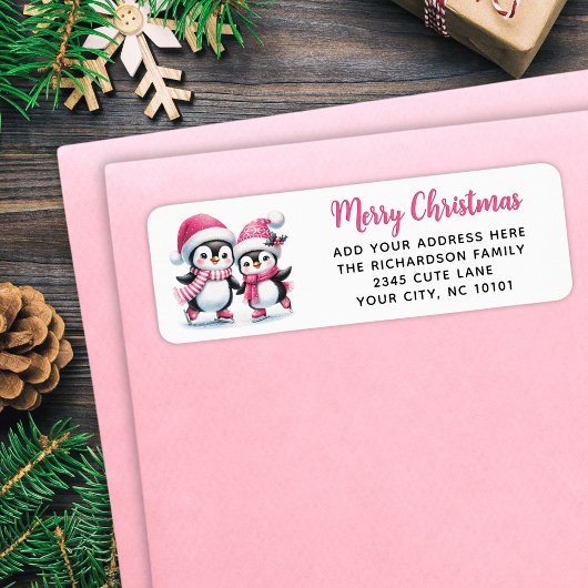 Étiquette Joyeux Noël mignon Patinage sur glace Pingouins ro